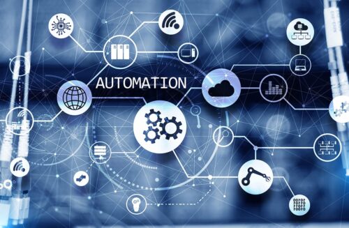 Business process automation concept on blurred network cabinets. New project 2020